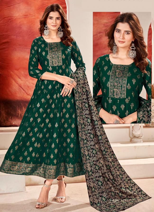 Rayon Green Casual Wear Foil Printed Gown With Dupatta
